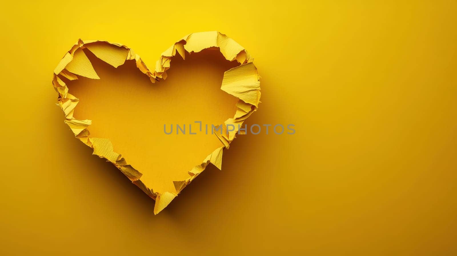 a rainbow heart shape made from torn paper. The heart is yellow. The flag is made of paper and has a rainbow pattern..
