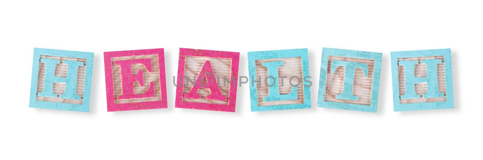 A health concept with childs wood blocks on white with clipping path to remove shadow