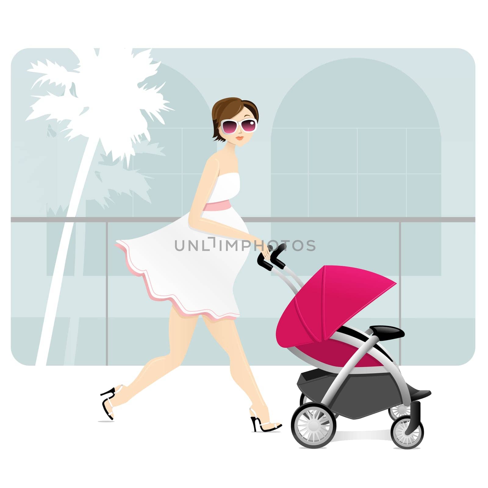 A pregnant mother with a stroller in a shopping mall.