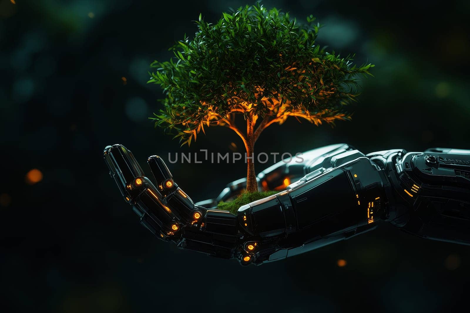 A hand robot holds a small plant with a glowing digital ai network symbol, representing biotechnology, genetic engineering, and sustainable innovation..