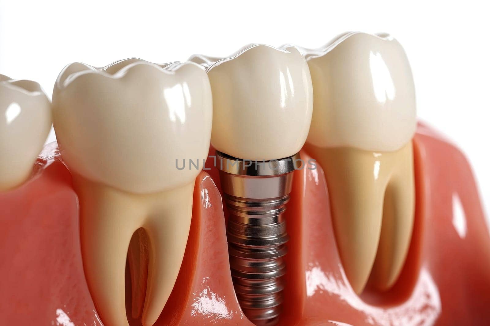 Anatomy of healthy teeth and tooth dental implant in human dentura..