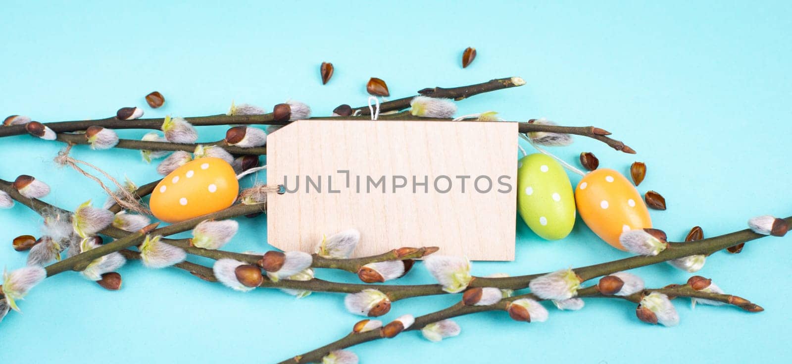 Easter holiday greeting, nest with small colored eggs, branches of pussy willow and a blank tag, spring season