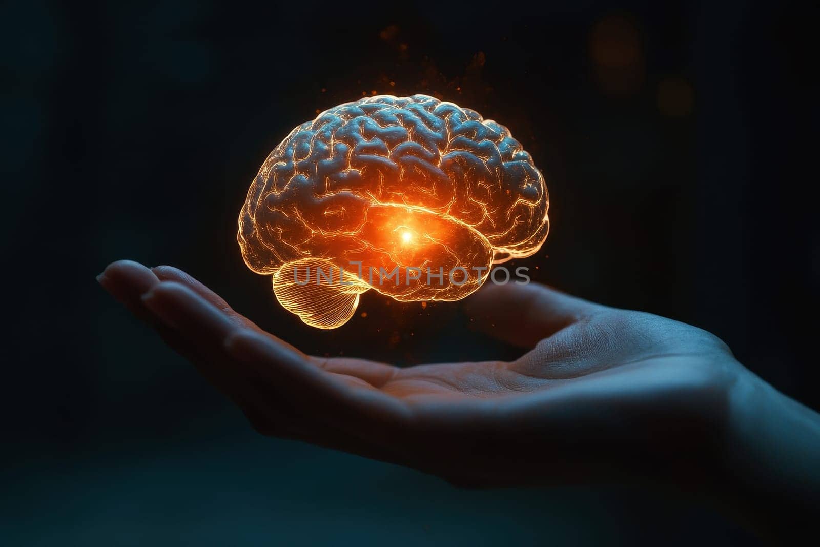 A hand holds a digital holographic brain, representing the tangible interface of artificial intelligence and cognitive technology in modern times..