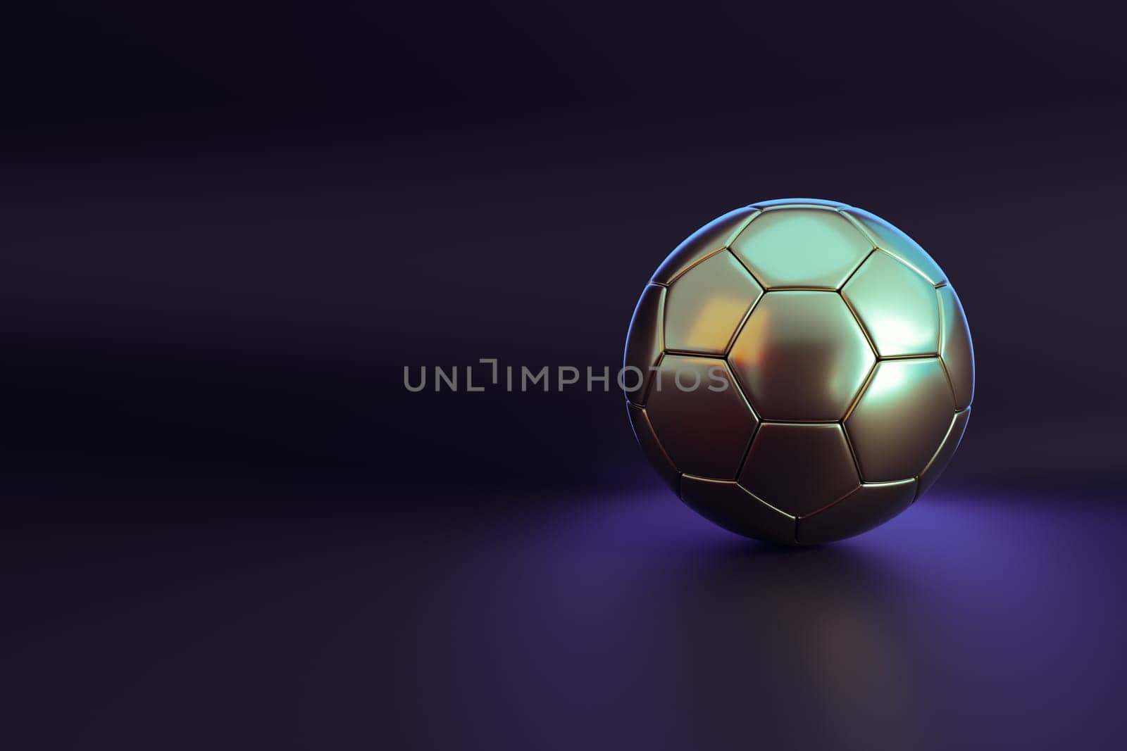 golden soccer ball on dark background, 3d rendering, sports background, soccer competition, world cup, Football championship light background. abstract glowing neon colored soccer ball illustration