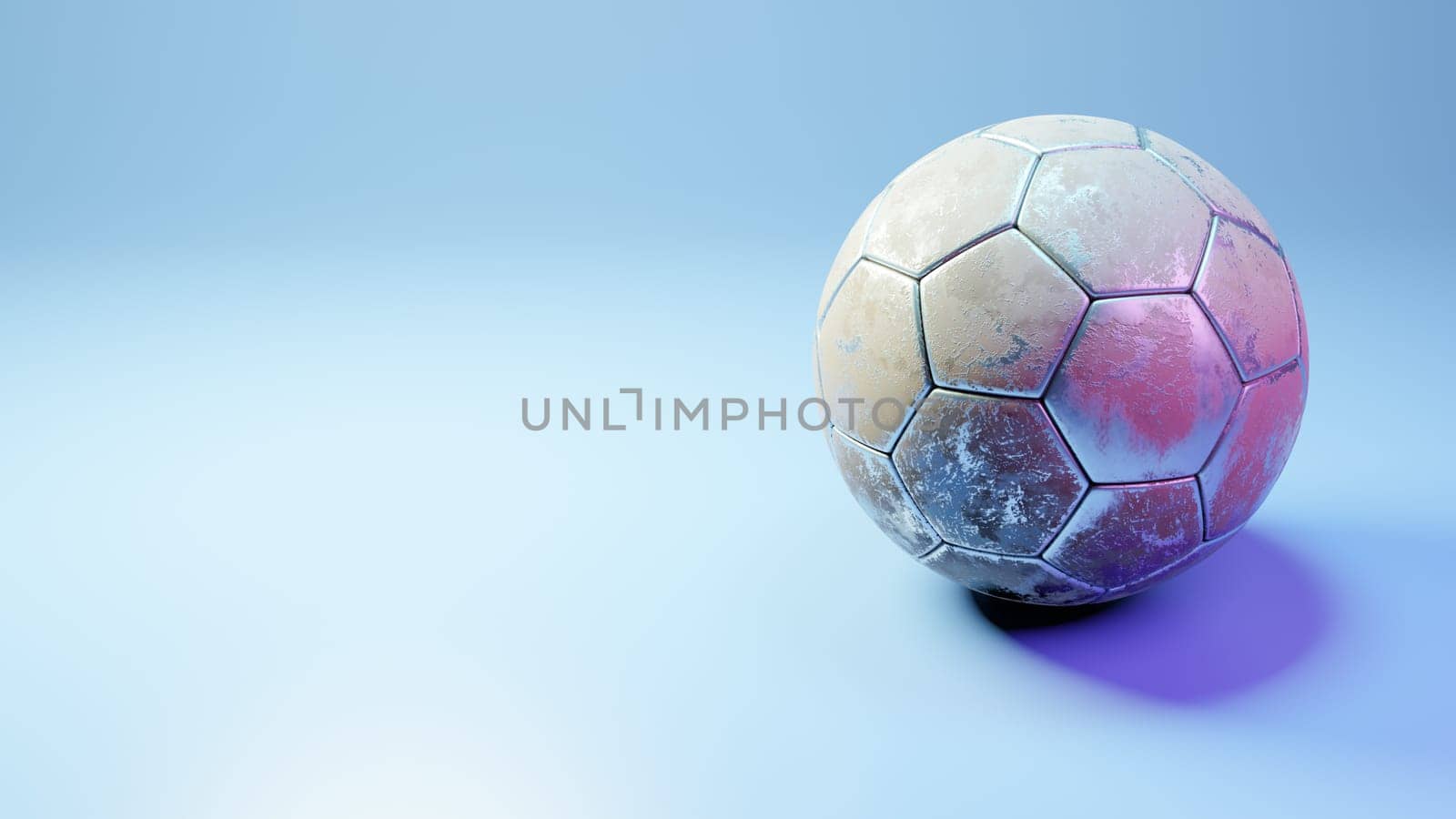 Soccer ball in goal on blue background, metal ball on blue background, 3d rendering, illustration