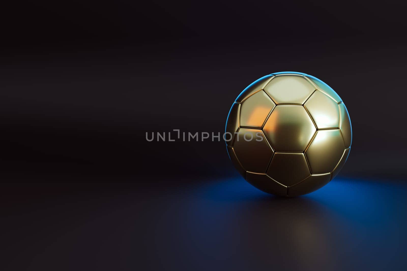 golden soccer ball on dark background, 3d rendering, sports background, soccer competition, world cup, Football championship light background. abstract glowing neon colored soccer ball illustration