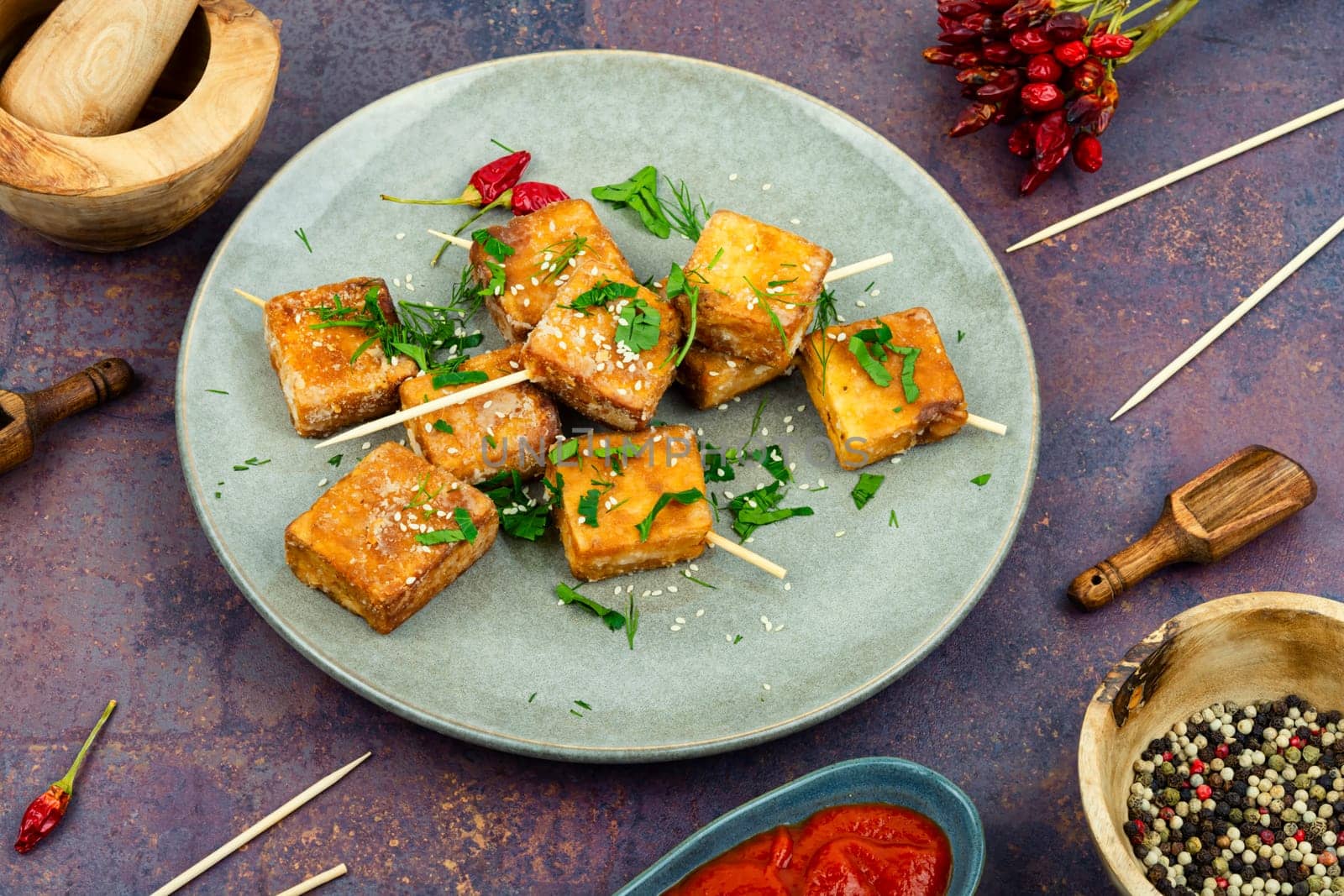 Roasted tofu cheese and sesame seeds,asian vegan food. Tahu Goreng