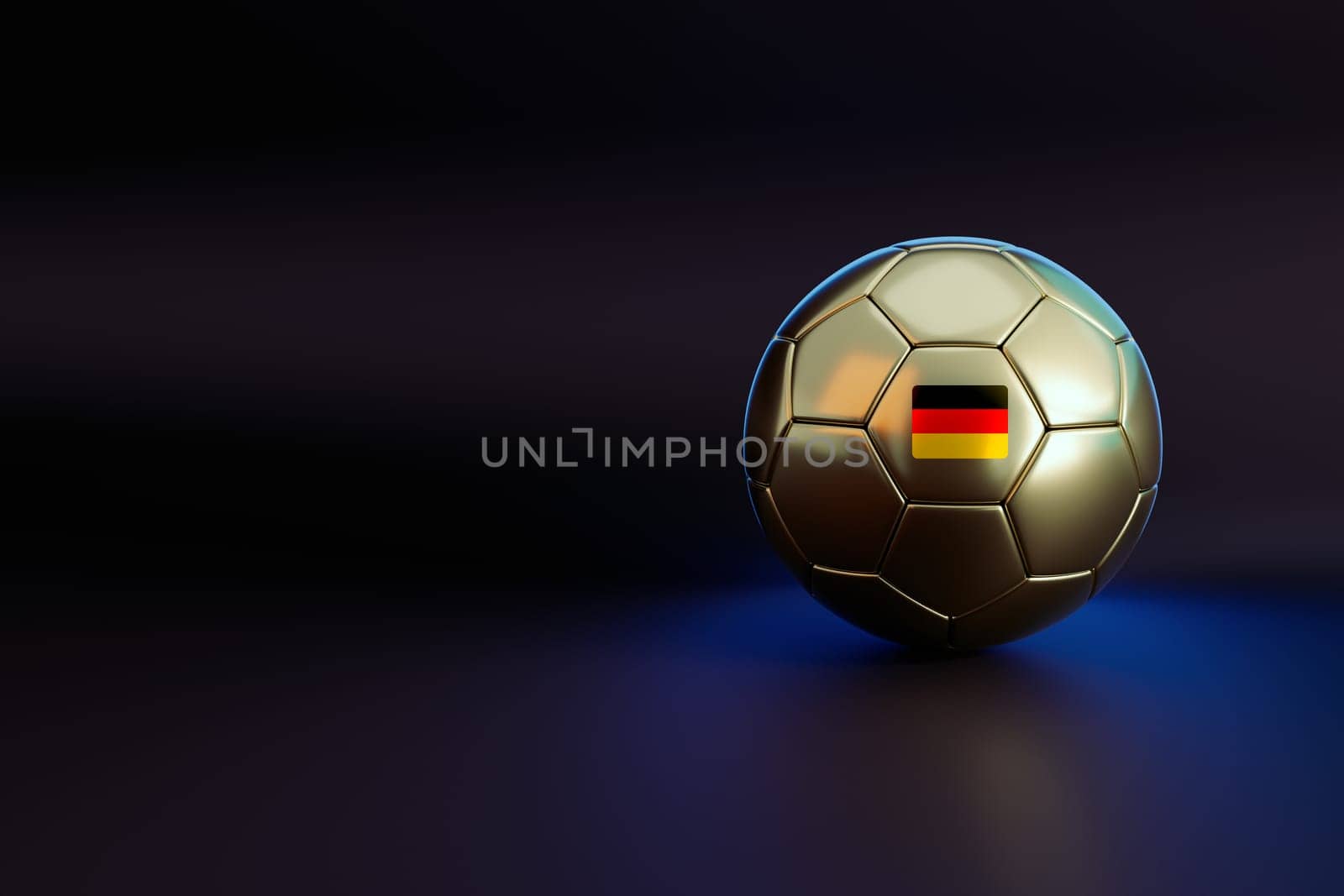 golden soccer ball on dark background, German flag, 3d rendering, sports background, soccer competition, world cup, Football championship light background. abstract glowing neon colored soccer ball illustration