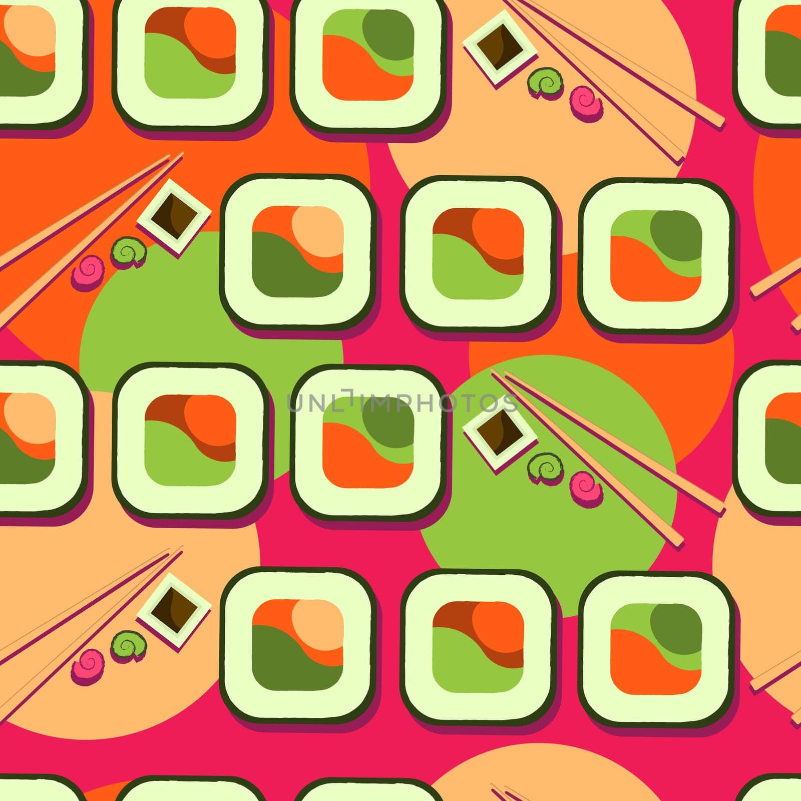 Seamless pattern with salmon fillet. Red flesh fish. sushi pattern.Advertising sushi and rolls. Asian food. Japanese food.