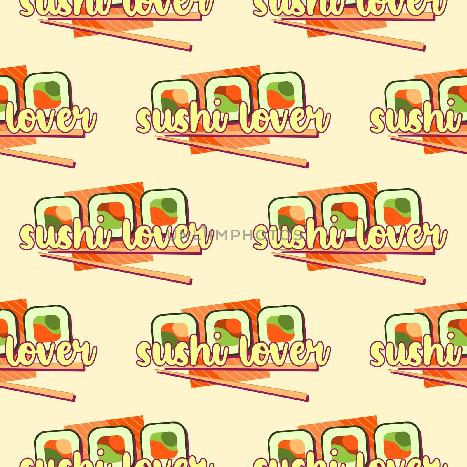 lover sushi pattern. Sushi packaging design. Advertising of sushi and rolls. Asian food. Japanese food. sushi lover