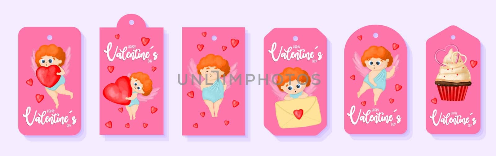 Gift tags with angels and hearts. Tags for valentine s day. Cupid helper.Funny cupid angel character with wings. Red hearts. GIFT PACKAGING.
