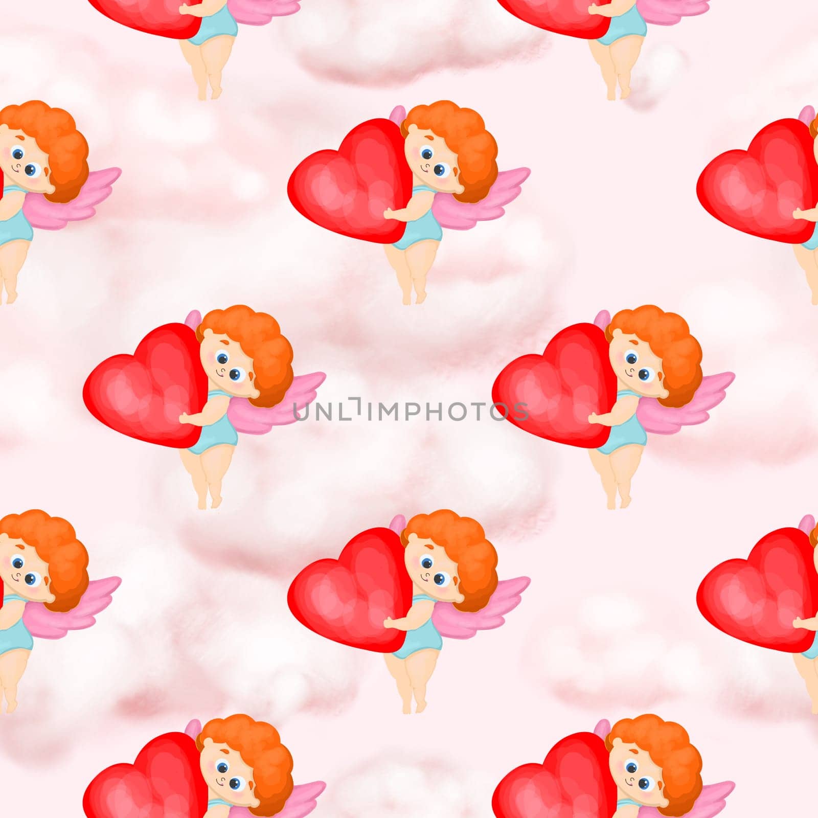 Seamless pattern with angels and hearts. Digital paper for valentine's day. Cupid helper.Funny cupid angel character with wings. Pink clouds. Textile and wrapping paper design.