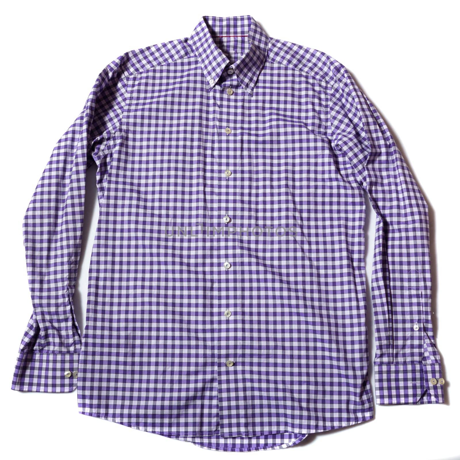 Long sleeve classic formal men's shirt blue and white check on white background