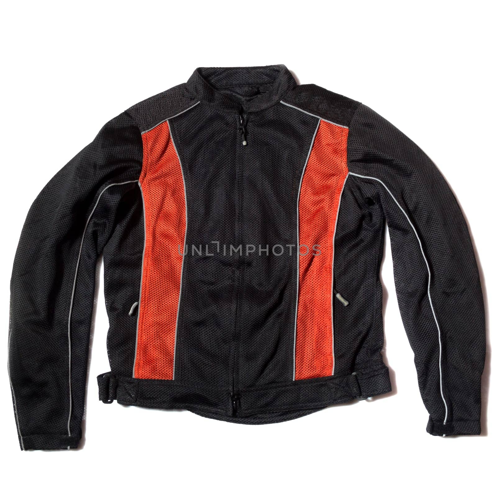 Light mesh fabric summer motorcyclist jacket on white background