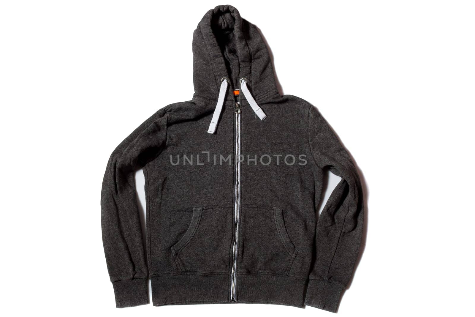 Grey long sleeve hoodie jacket on white background