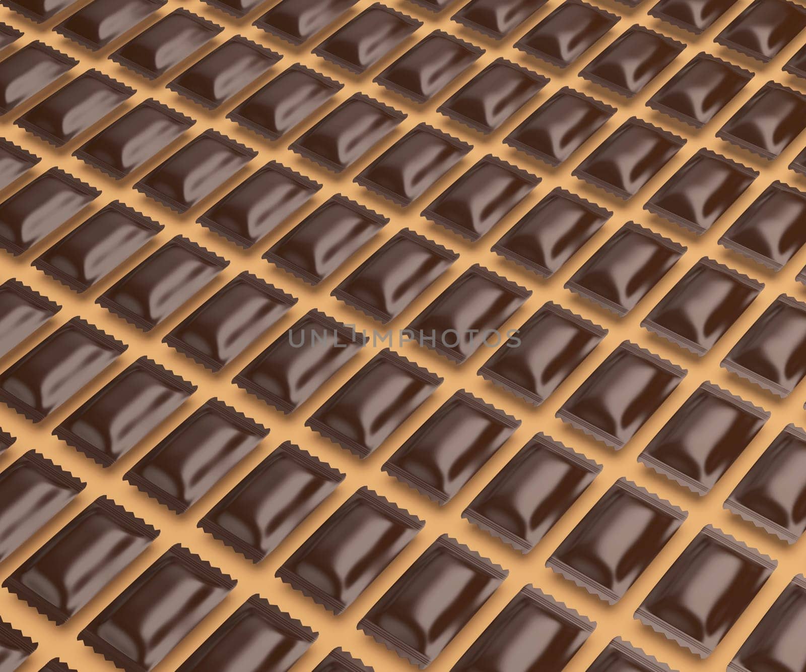 Many rows with brown sachets for confectionary products