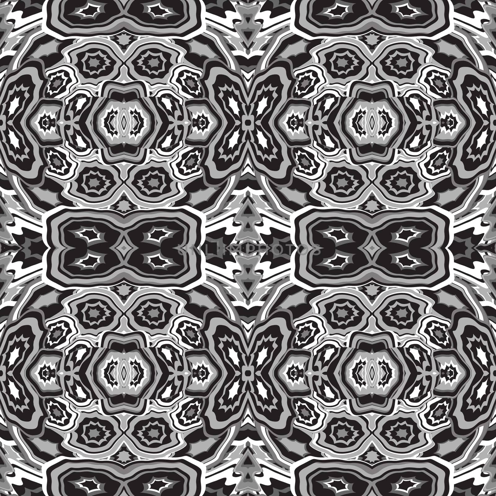 Abstract seamless pattern of stylized geometric motifs in black and white colors