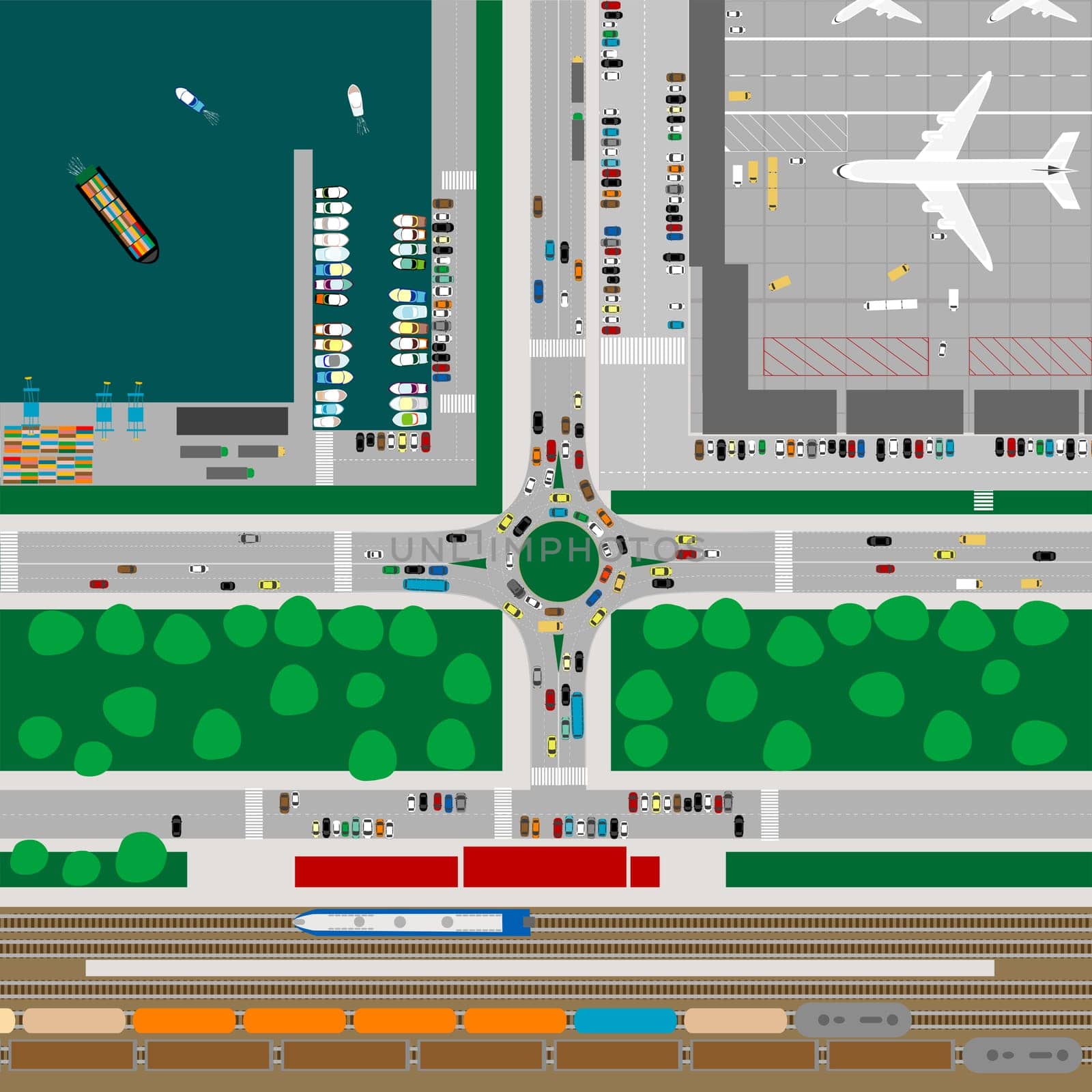 Aerial view of a city. The main means of transporting goods and passengers
