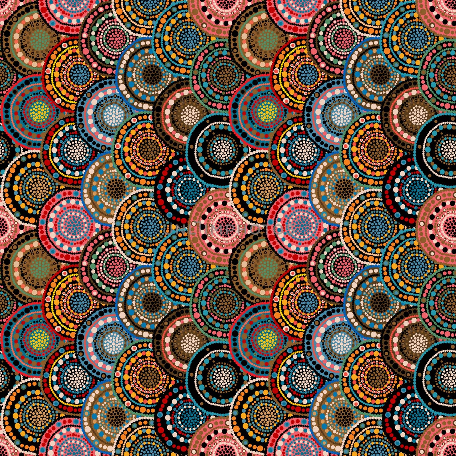 Japanese folk overlapping circular dotted flowers, seamless pattern