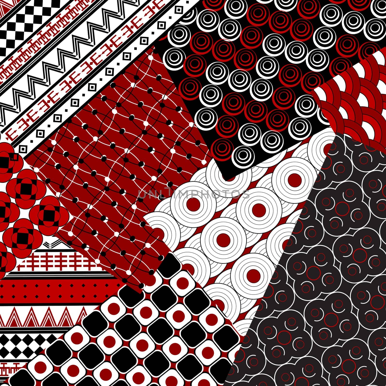 Red patchwork design with geometric motifs