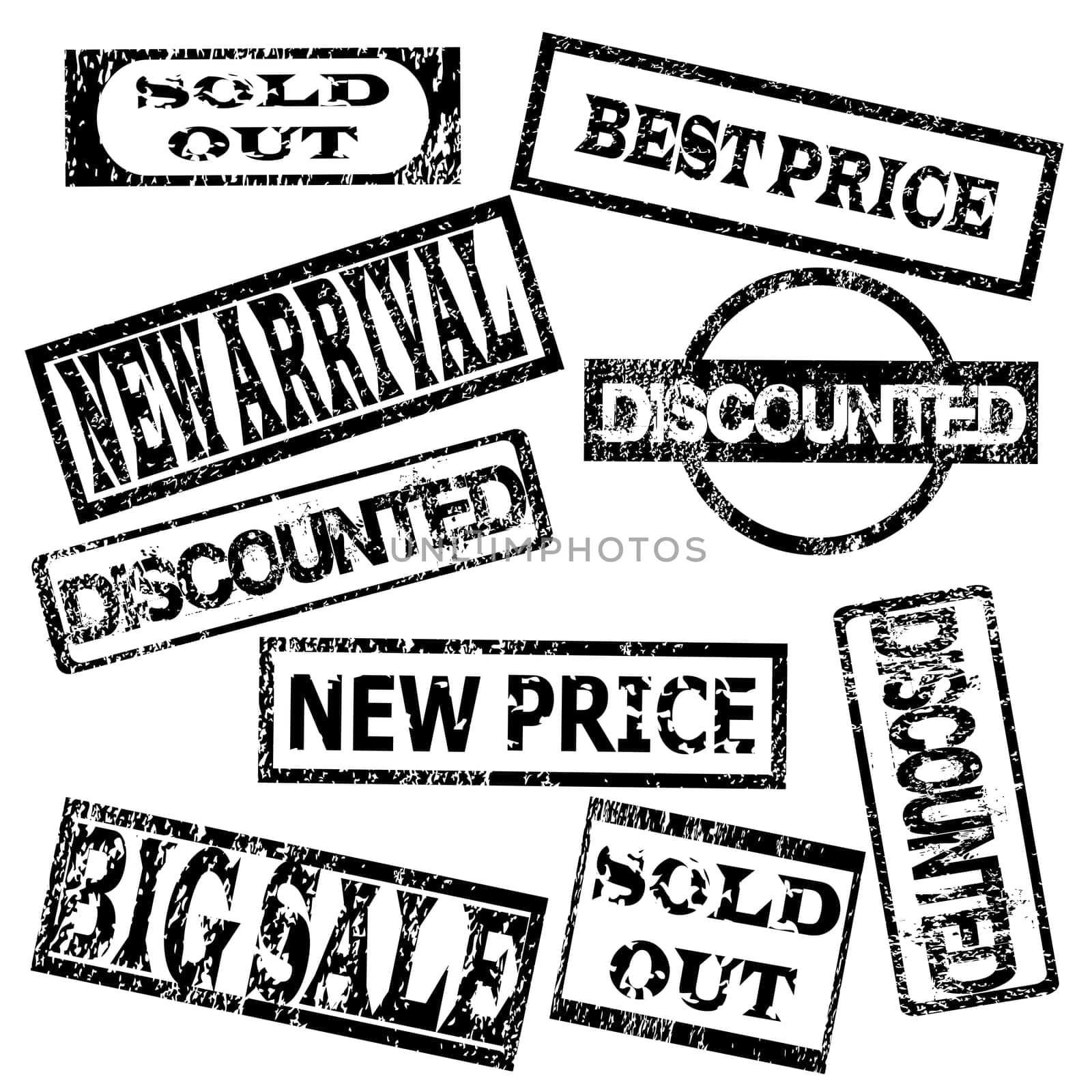 Set of black stamps with sale messages