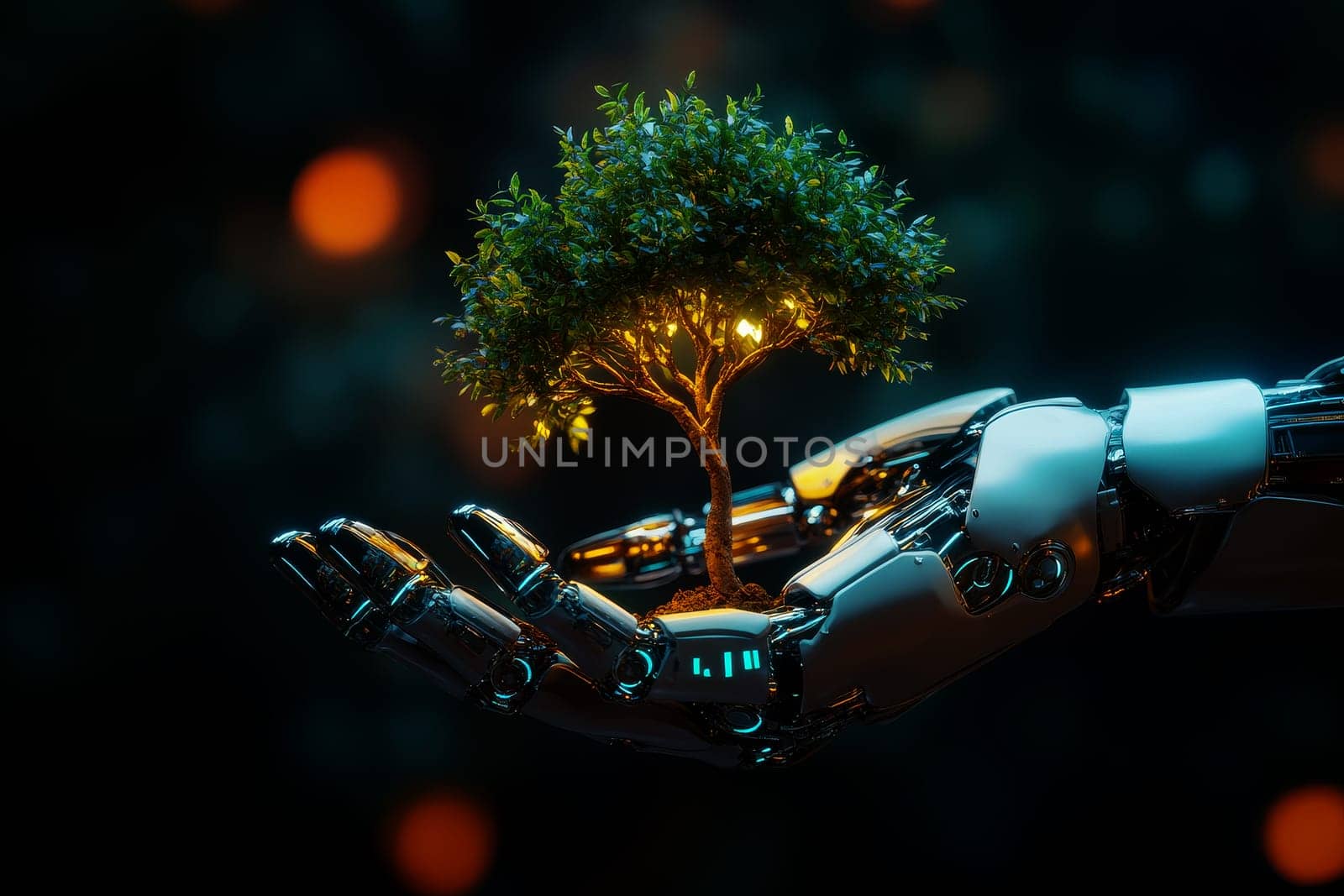 A hand robot holds a small plant with a glowing digital ai network symbol, representing biotechnology, genetic engineering, and sustainable innovation..