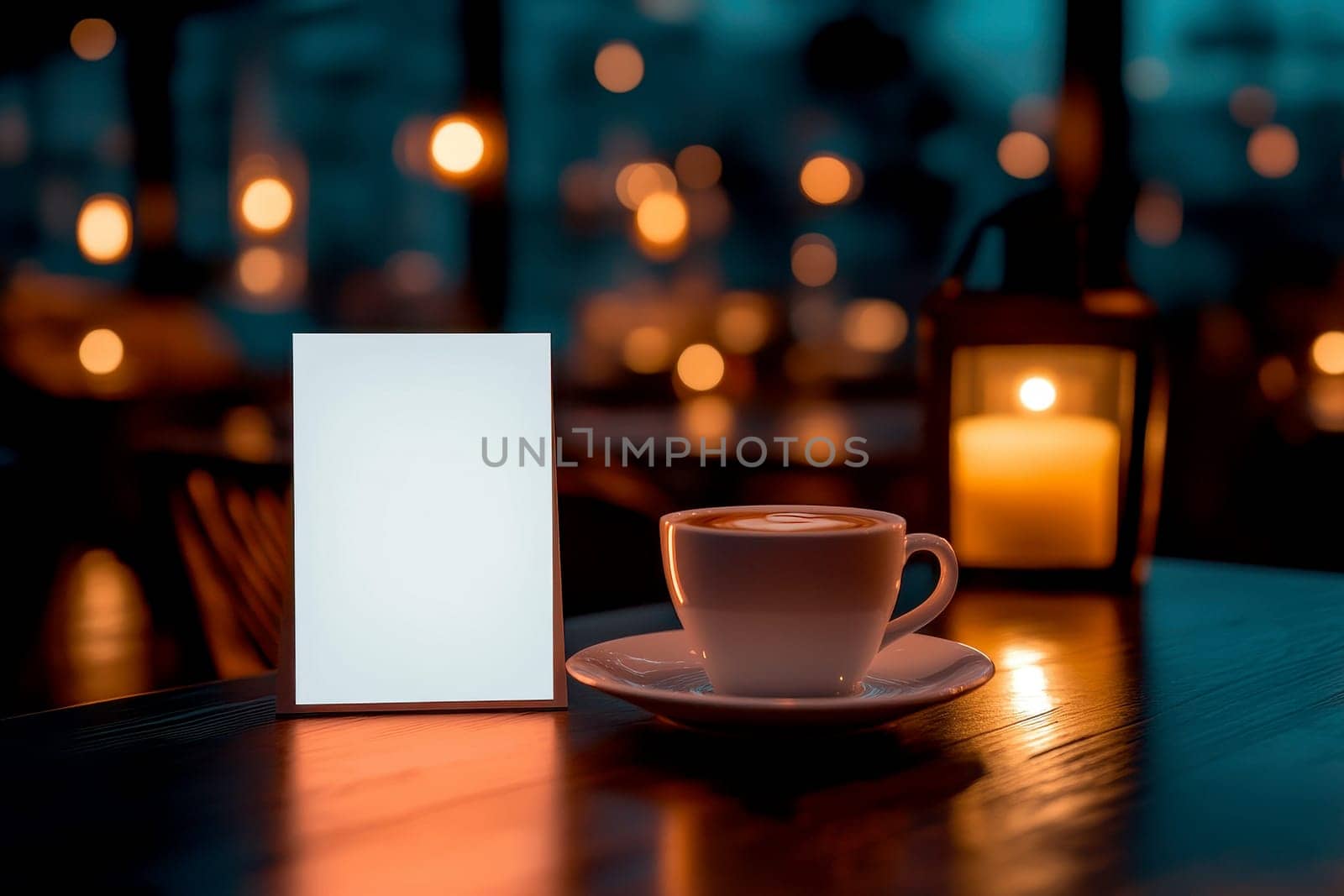 Blank menu card mockup on cafe table with coffee..