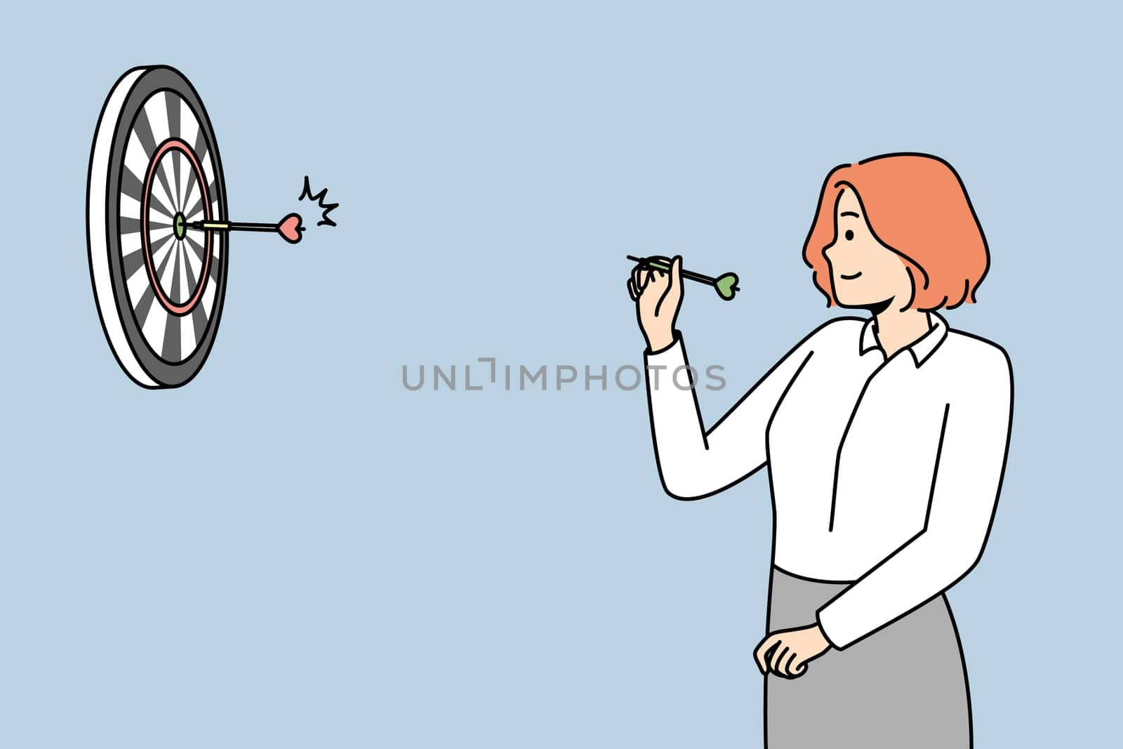 Girl throwing darts at target at wall. Businesswoman aiming arrow at round goal. Successful woman playing game. Strategy, marketing, challenge. Vector line art multicolored illustration.