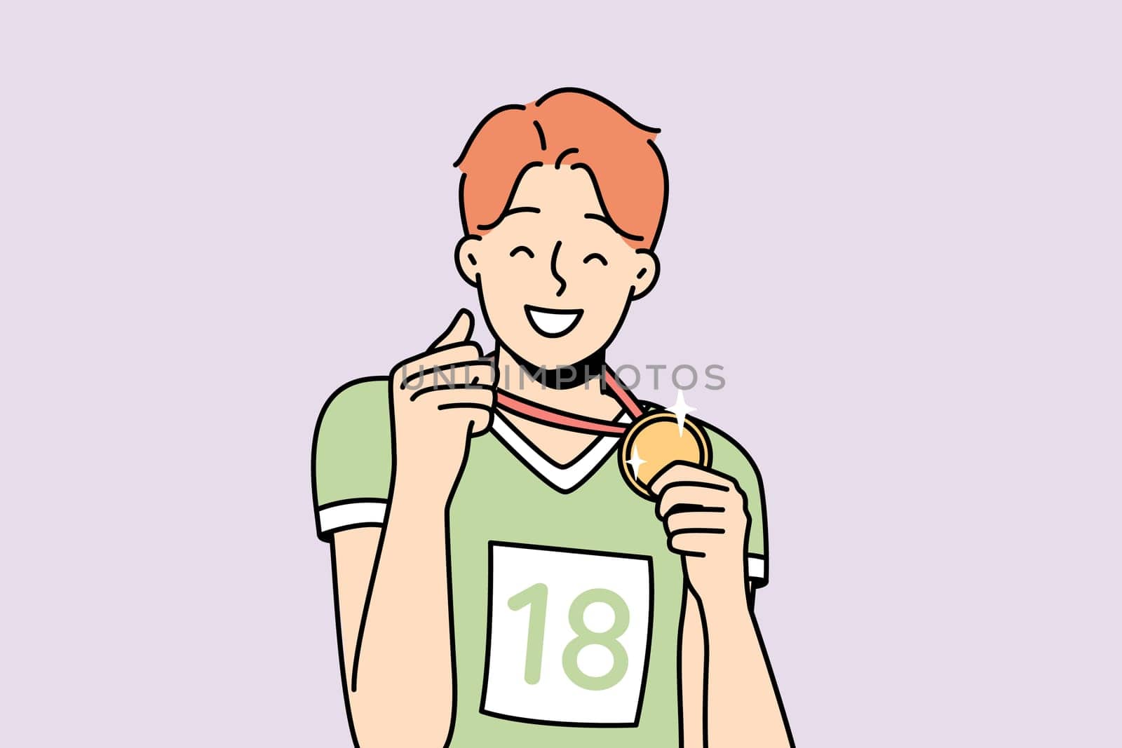 Happy sportsman shows gold medal he got. Guy won sports competitions. Boy is proud of his award. First place winner. Champion shows his achievement, prize. Vector graphics in color.