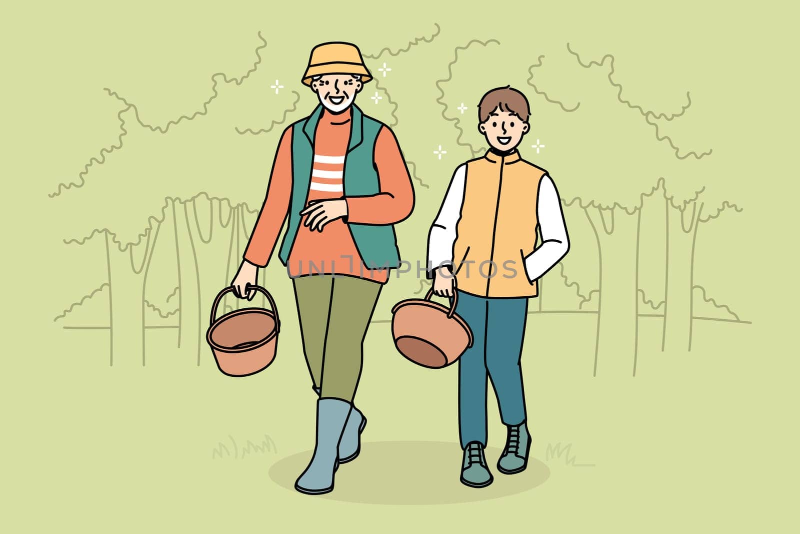 Smiling grandfather and grandson walking in forest with baskets. Happy granddad and grandchild look for mushrooms in wood together. Vector illustration.