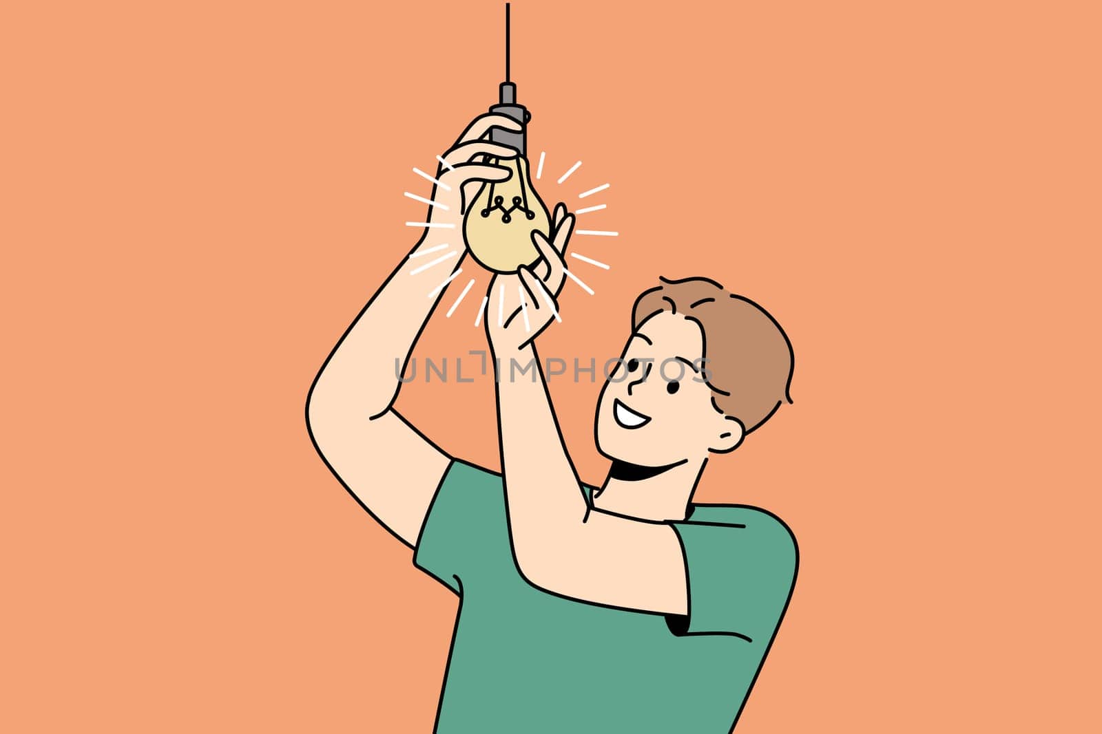 Smiling young man screwing lightbulb at home. Happy guy connect light bulb for light indoors. Vector illustration.