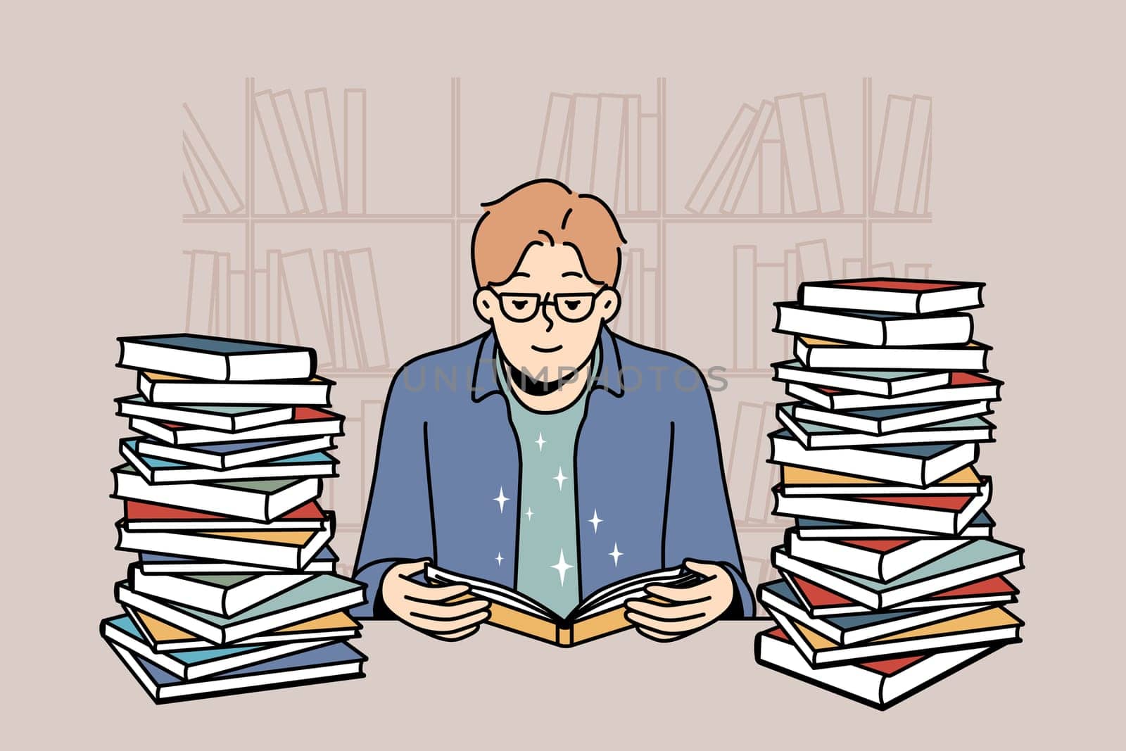 Smart young man in glasses sit in library with pile of books reading. Clever guy enjoy literature studying at desk with textbooks stacks. Vector illustration.