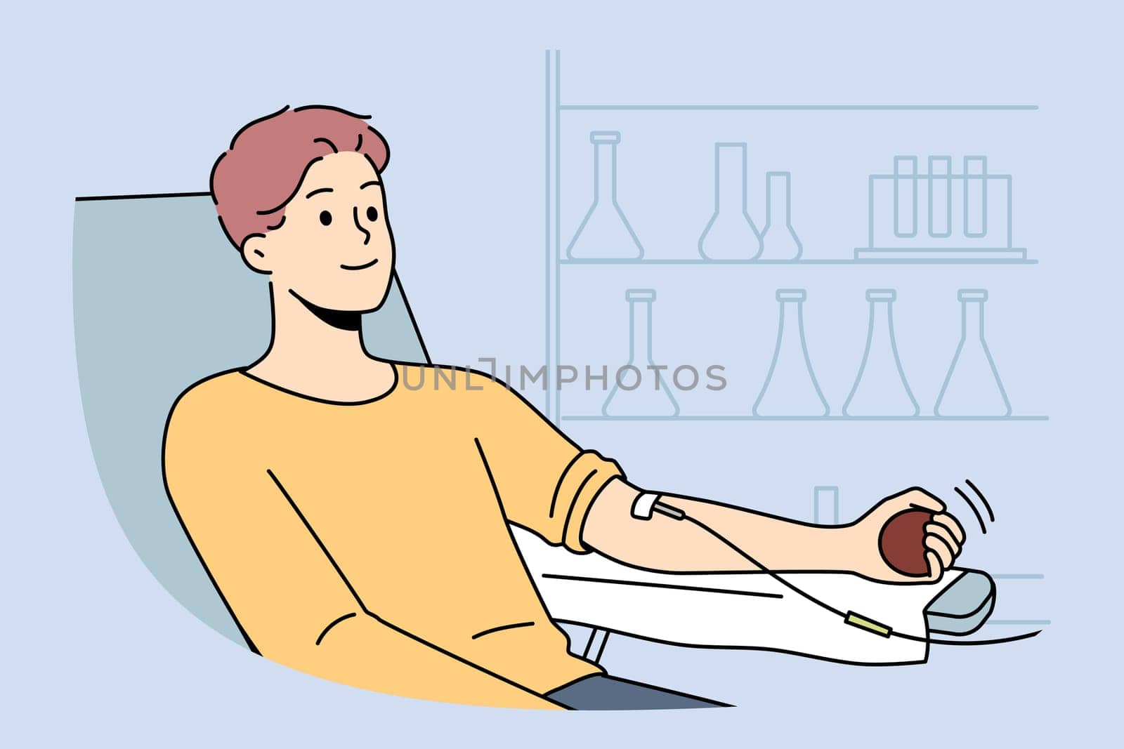 Smiling young man sit in chair in hospital get medicaments with dropper. Happy male patient in clinic receive treatment or medication with infusion. Vector illustration.