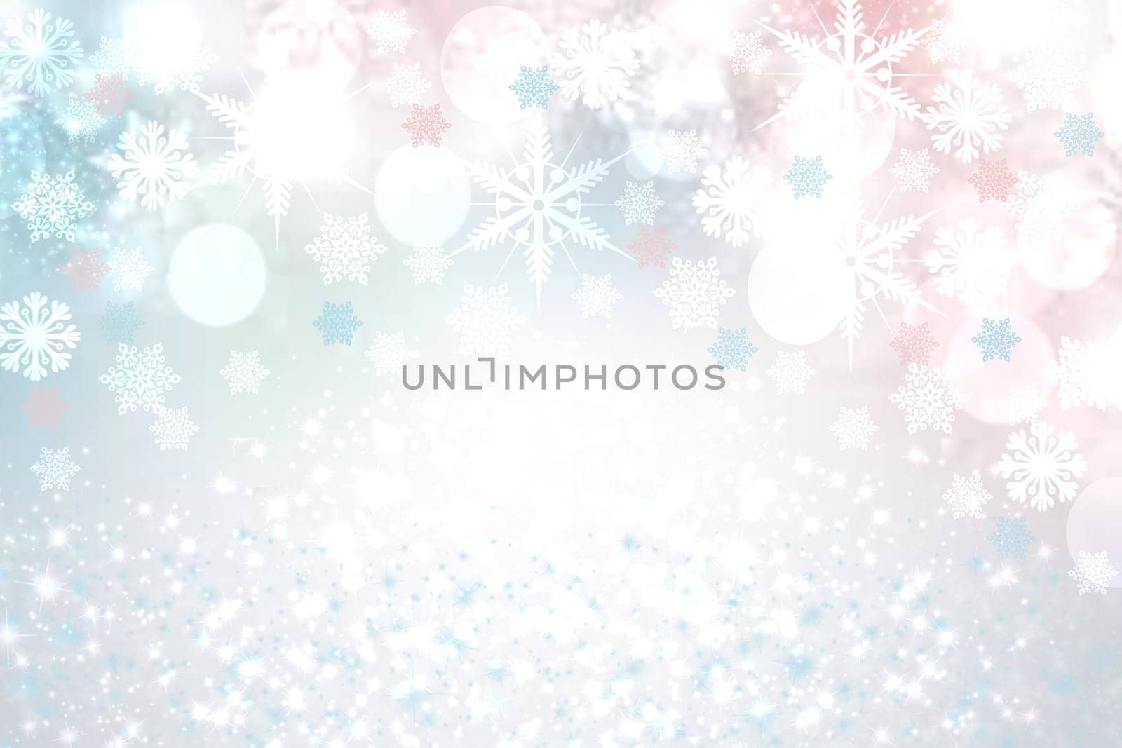 Abstract blurred festive delicate winter christmas or Happy New Year background with shiny blue pink and white bokeh lighted stars. Space for your design. Card concept.
