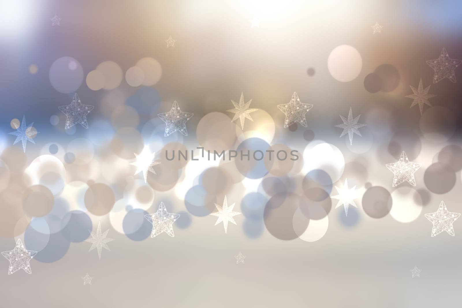 A festive abstract brown blue background texture with glittering and sparkling bokeh stars and white circles. Card concept for Happy New Year, party, invitation, Valentine's Day or other holidays.