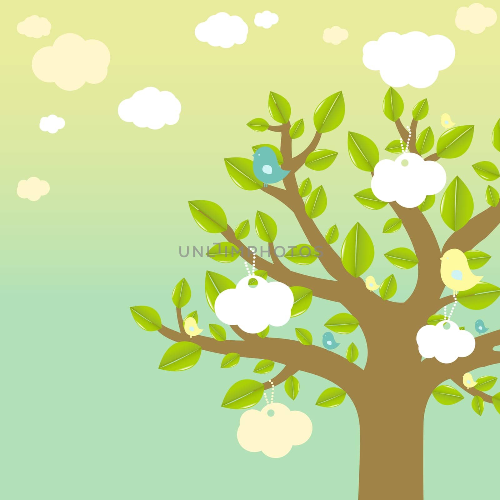 Cartoon Tree And Bird, Vector Illustration