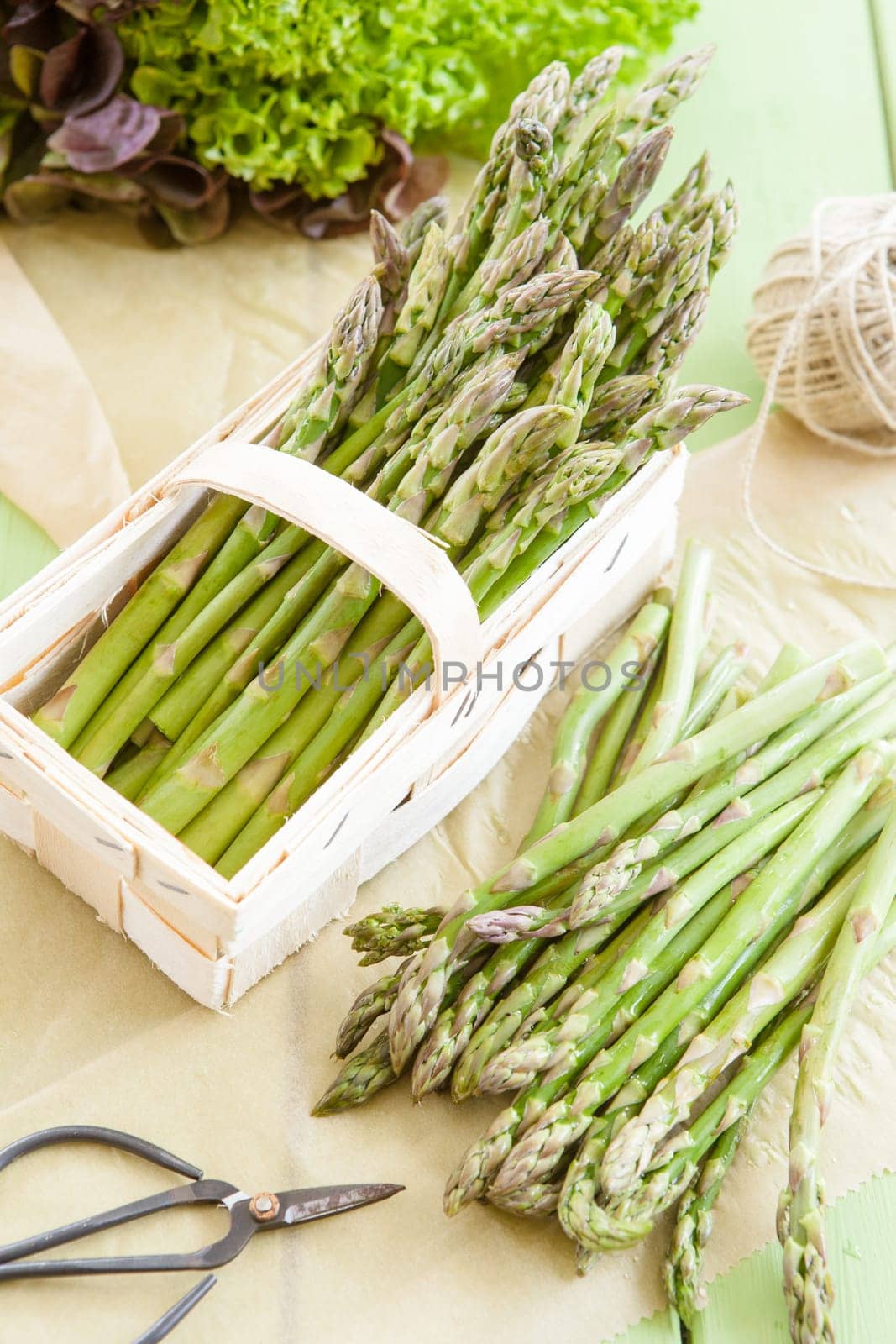 Gruener asparagus in small wooden box from the region