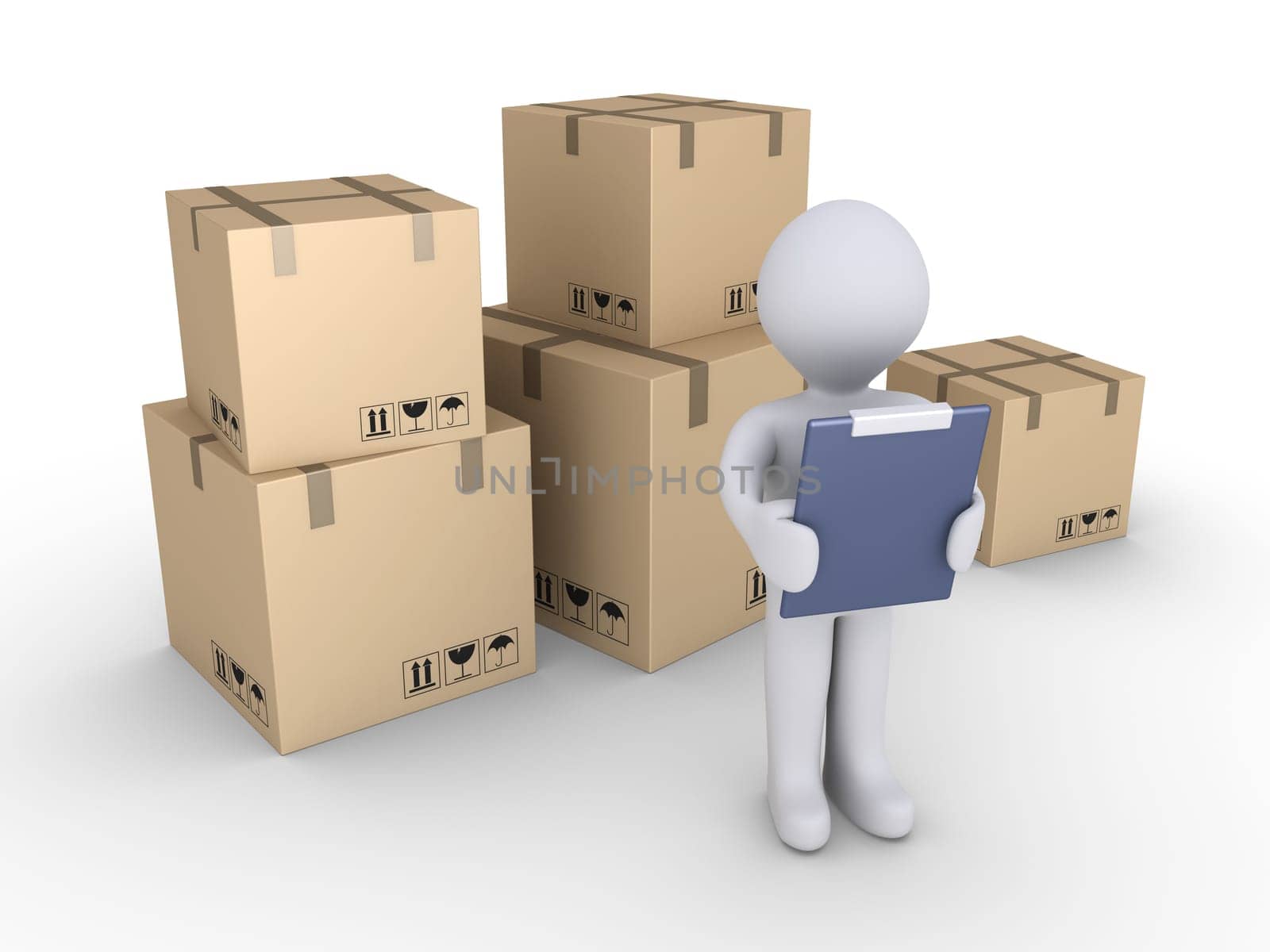 Person as manager in a warehouse and a pile of cardboard boxes