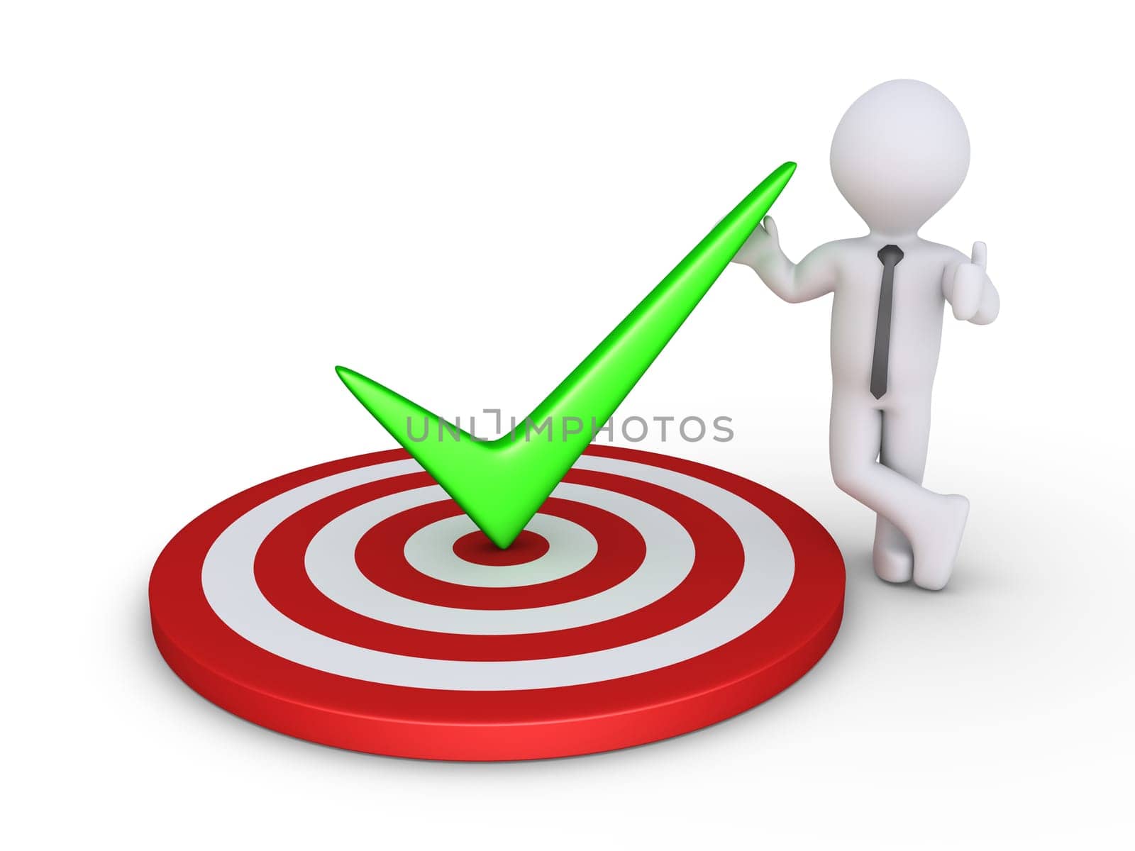 Check mark symbol at the center of a target and a businessman