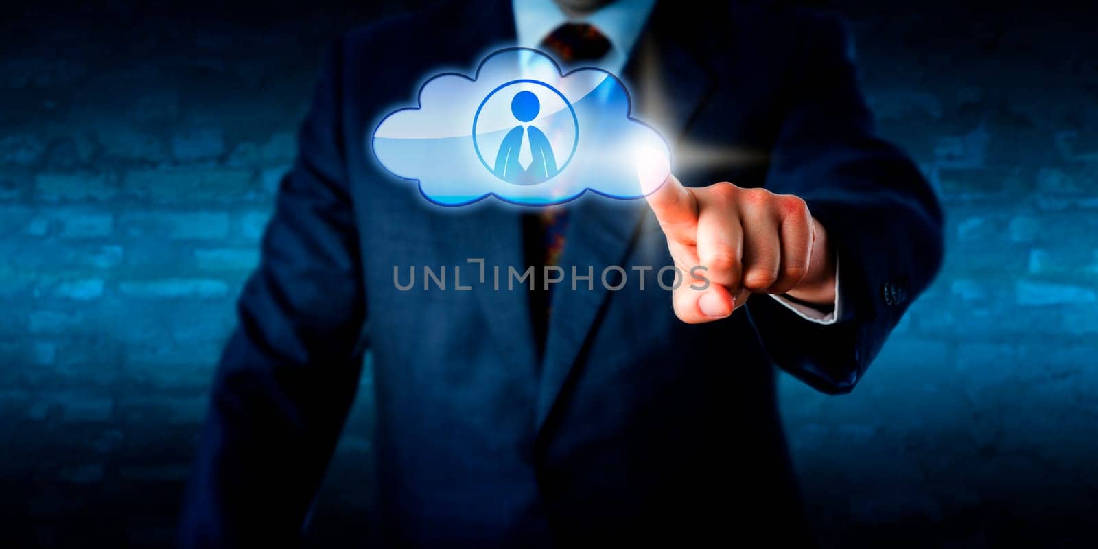 Torso of a business man reaching out to contact a male peer in the cloud. Super wide format or double-page spread. Selective focus. Blue brick wall in background with plenty of copy space. Composite.