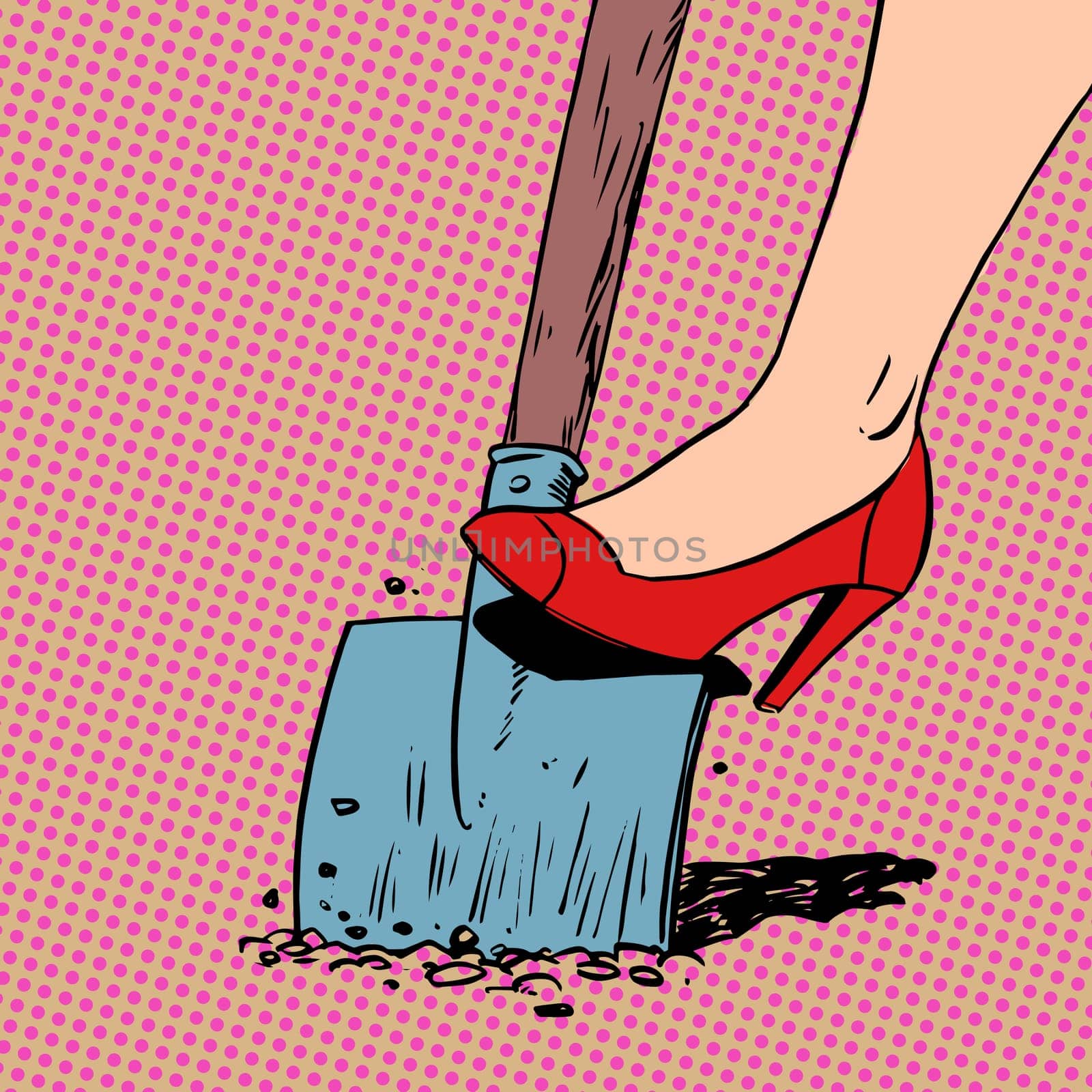 A woman works in a garden shovel digging farmer housewife shoes Halftone style art pop retro vintage. Leg elegantly dressed woman in a beautiful red shoes and close-up shovel in the ground. The theme of labor business and farming