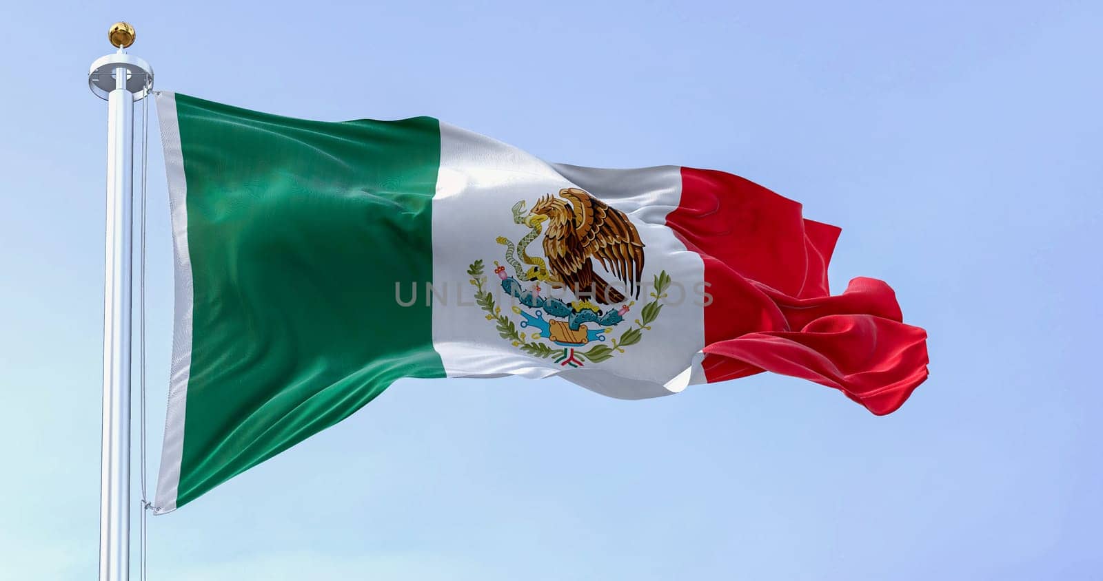 Mexican national flag waving in the wind. Mexico is a country in the southern portion of North America. Fabric textured background. Selective focus. Realistic 3d illustration