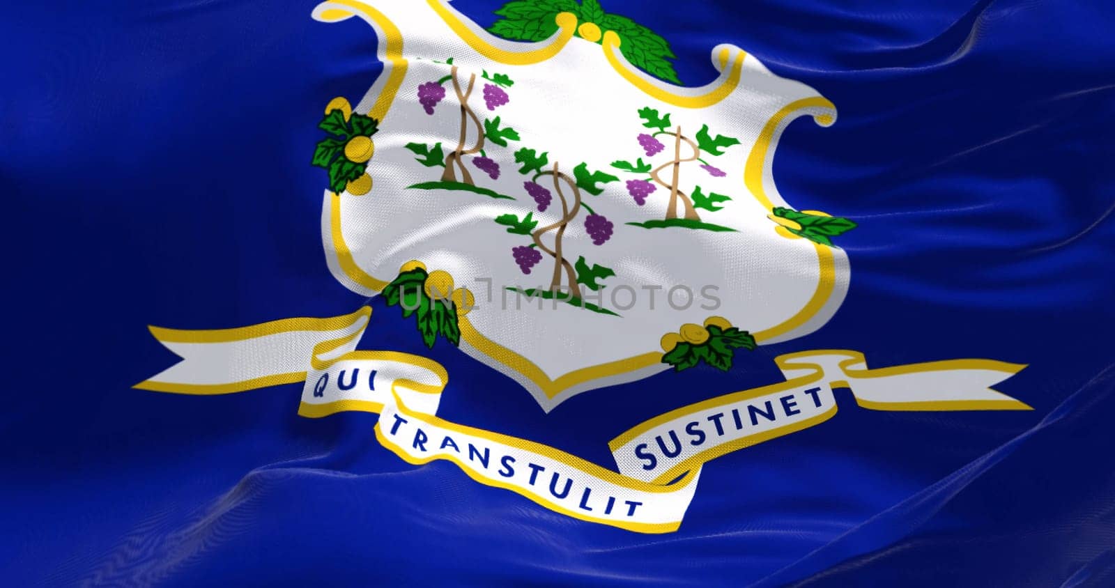Close-up view of the Connecticut State flag waving in the wind. Fabric textured background. US federal state. Realistic 3D Illustration