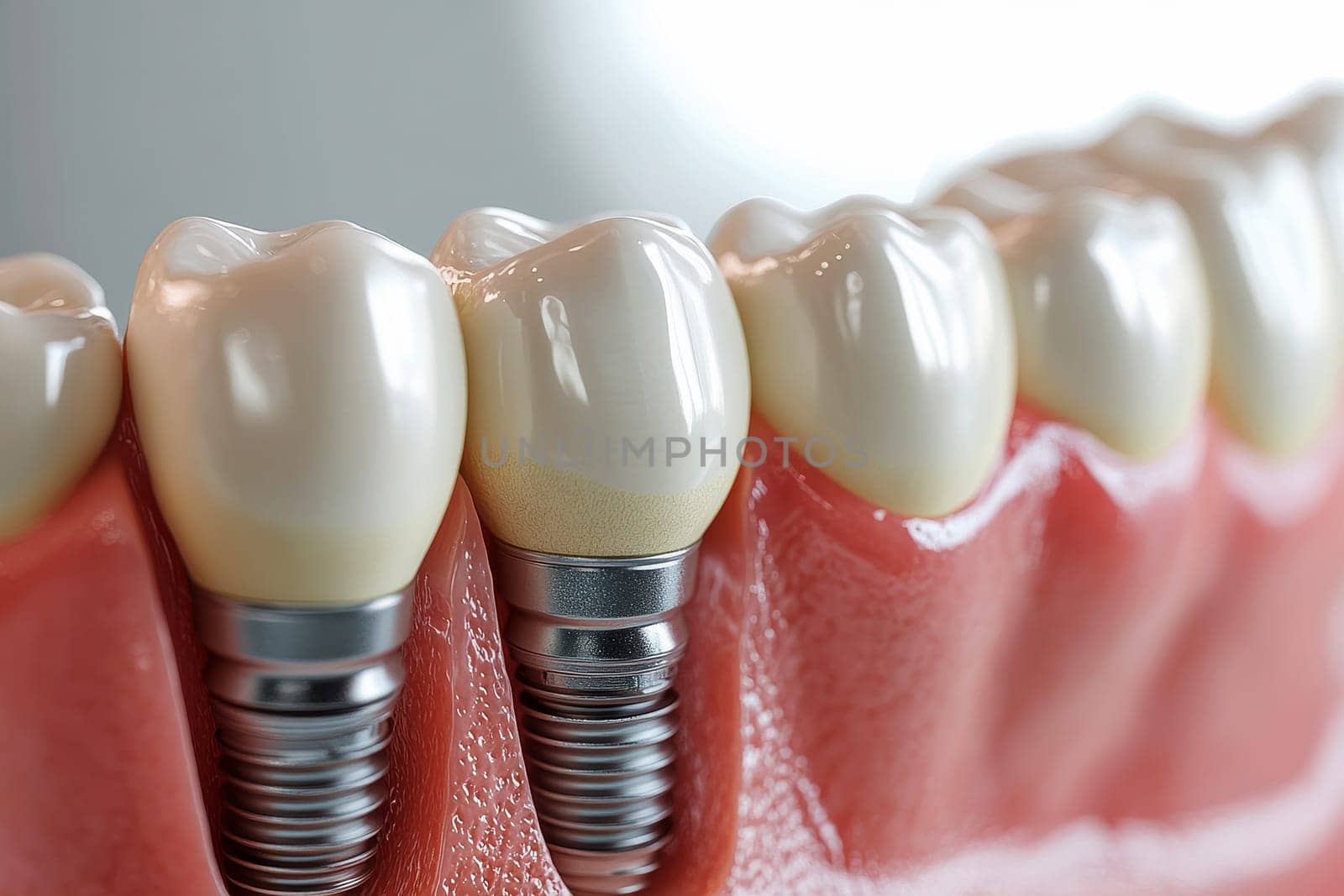 Anatomy of healthy teeth and tooth dental implant in human dentura..