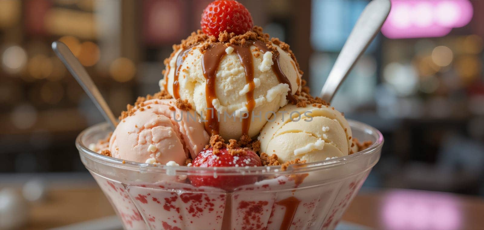 A bowl of ice cream with a pink and white swirl and a chocolate drizzle. The ice cream is topped with a waffle stick and a chocolate drizzle
