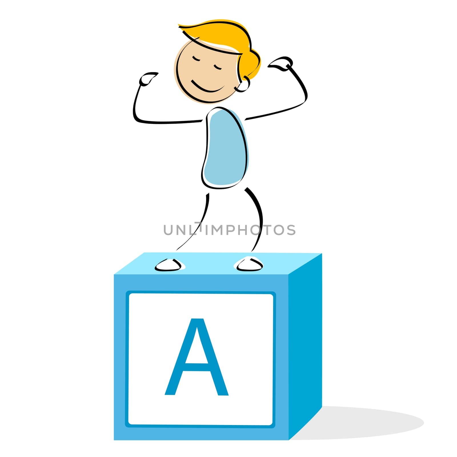 vector illustration of school boy standing on alphabet block against an isolated background