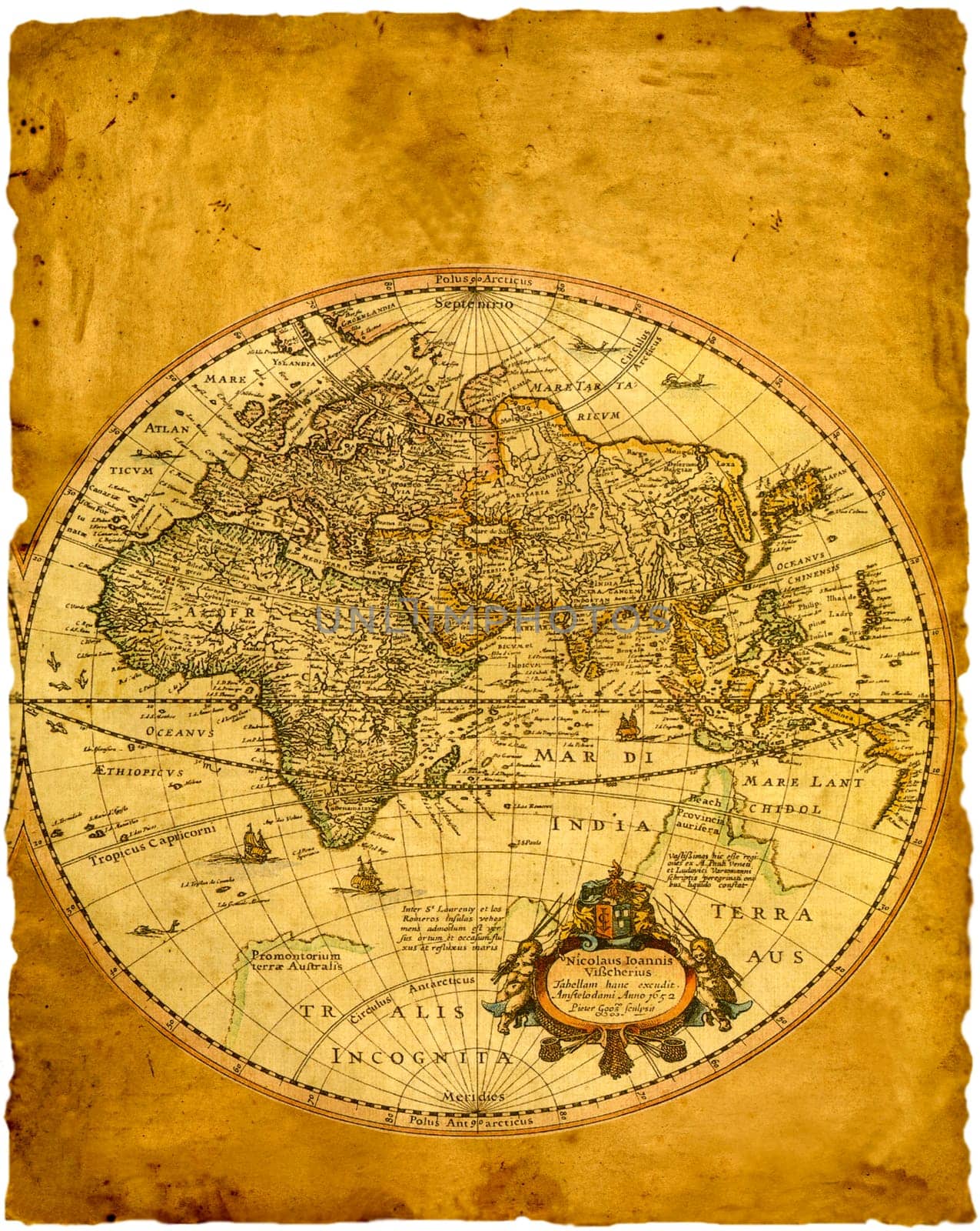 .Old paper world map of the right hemisphere..