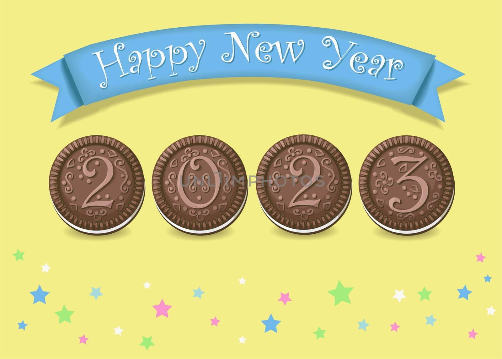 Sweets 2023. Artistic brown number as chocolate cookies with colorful cream. Yellow background with stars. Blue banner with white text Happy New Year. Greeting Card