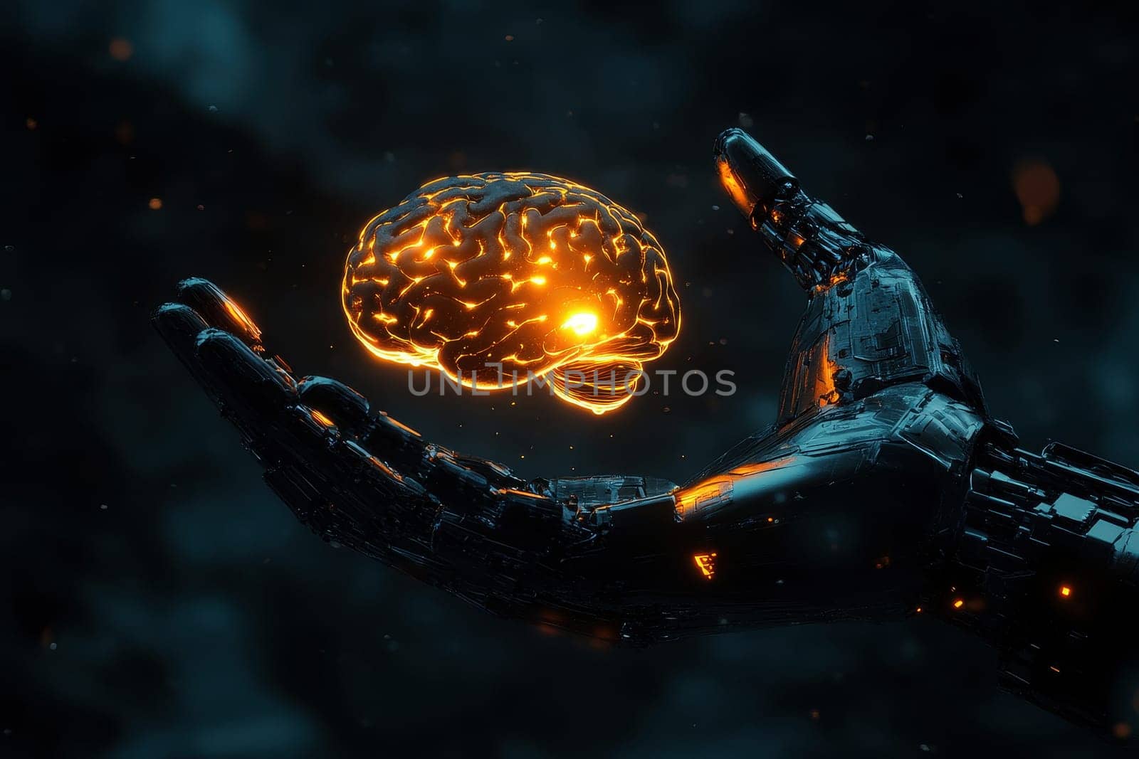 A hand robot holds a digital holographic brain, representing the tangible interface of artificial intelligence and cognitive technology in modern times..