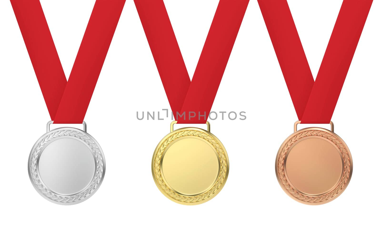 Front view of gold, silver and bronze medals